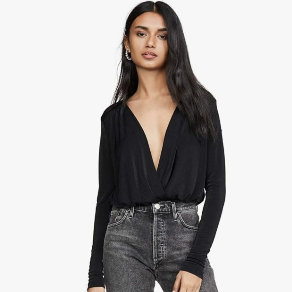Free People Intimately Free‎ Turnt Surplice V Neck Thong Bodysuit Black Size M